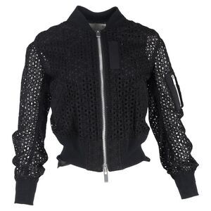 Sacai Eyelet Zipped Bomber Jacket in Black Cotton